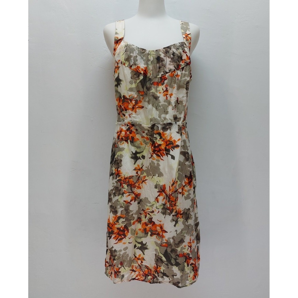 Banana Republic Floral Sheath Dress Women's 10 Orange Green Silk Blend Pleated